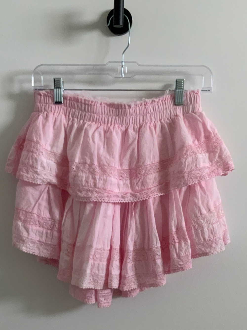 LoveShackFancy Pale Pink Tiered Lace Mini Skirt